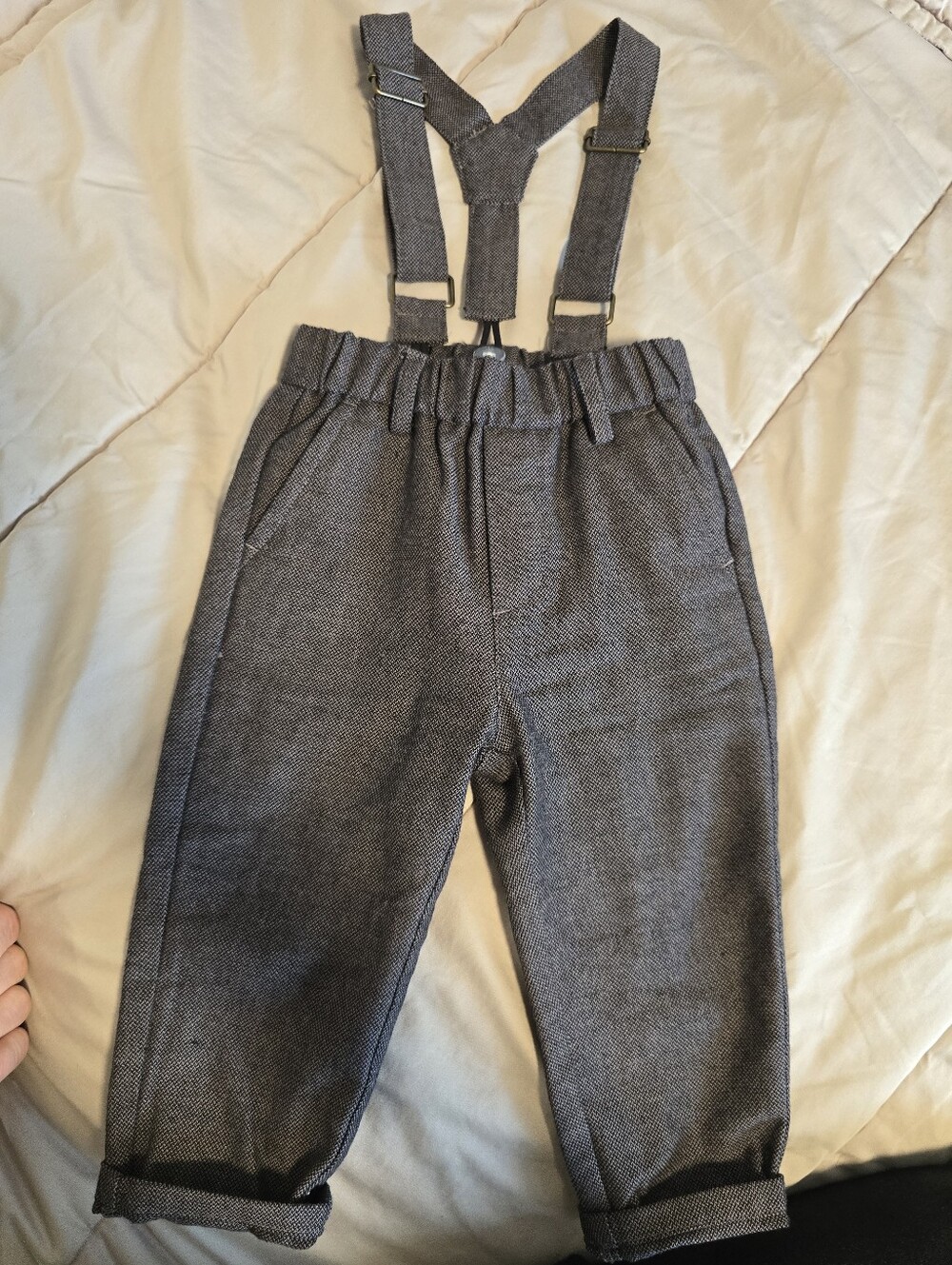 Noralee Kids Gray Herringbone Pants with Adjustable Suspenders